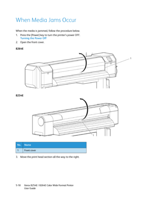 Page 202Xerox 8254E / 8264E Color Wide Format Printer
User Guide 5-18
When Media Jams Occur
When the media is jammed, follow the procedure below.
1. Press the [Power] key to turn the printer’s power OFF.
Tu r n i n g  t h e  Po w e r  O f f
2. Open the front cover.
8264E
8254E
3. Move the print head section all the way to the right.
No.Name
1Front cover
Downloaded From ManualsPrinter.com Manuals 