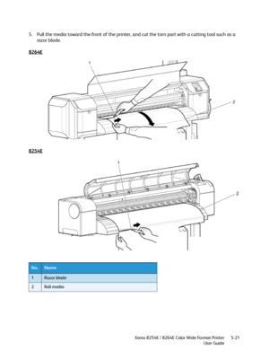 Page 205Xerox 8254E / 8264E Color Wide Format Printer
User Guide5-21
5. Pull the media toward the front of the printer, and cut the torn part with a cutting tool such as a 
razor blade.
8264E
8254E
No.Name
1Razor blade
2Roll media
Downloaded From ManualsPrinter.com Manuals 