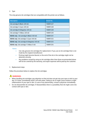 Page 209Xerox 8254E / 8264E Color Wide Format Printer
User Guide6-3
2. Type
The only genuine ink cartridges that are compatible with the printer are as follows.
Notes:
•Use only genuine ink cartridges for replacement. If you use an ink cartridge that is not 
made by the original manufacturer:
•Printing might become blurred, or the end of the ink in the cartridge might not be 
detected correctly.
•Any problems caused by using an ink cartridge other than those recommended above 
will not be covered by the...