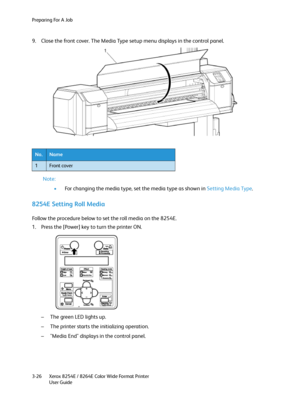Page 64Preparing For A Job
Xerox 8254E / 8264E Color Wide Format Printer
User Guide 3-26
9. Close the front cover. The Media Type setup menu displays in the control panel.
Note:
•For changing the media type, set the media type as shown in Setting Media Type.
8254E Setting Roll Media
Follow the procedure below to set the roll media on the 8254E.
1. Press the [Power] key to turn the printer ON.
– The green LED lights up.
– The printer starts the initializing operation.
– "Media End" displays in the...