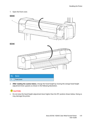 Page 93Handling the Printer
Xerox 8254E / 8264E Color Wide Format Printer
User Guide4-9
1. Open the front cover.
8264E
8254E
2.After reading the caution below, change the head height by moving the orange head height 
adjustment lever upward, as shown in the following illustration.
CAUTION:
• Do not raise the head height adjustment lever higher than the 90° position shown below. Doing so 
may damage the printer.
No.Name
1Front cover
Downloaded From ManualsPrinter.com Manuals 