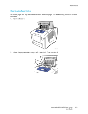 Page 123Maintenance
ColorQube 8570/8870 Color Printer
User Guide123
Cleaning the Feed Rollers
Ink on the paper and tray feed rollers can leave marks on pages. Use the following procedure to clean 
the rollers.
1. Open exit door B.
2. Clean the gray exit rollers using a soft, clean cloth. Close exit door B.
8X70-016
8X70-131
Downloaded From ManualsPrinter.com Manuals 