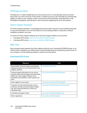 Page 176Troubleshooting
ColorQube 8570/8870 Color Printer
User Guide 176
PrintingScout Alerts
PrintingScout is a utility installed with your Xerox printer driver. It automatically checks the printer 
status when you send a print job. If the printer is unable to print your job, PrintingScout automatically 
displays an alert on your computer screen to let you know that the printer needs attention. In the 
PrintingScout dialog box, click the alert to view instructions explaining how to fix the problem.
Online...