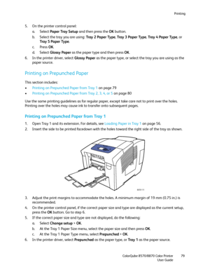 Page 79Printing
ColorQube 8570/8870 Color Printer
User Guide79
5. On the printer control panel:
a. Select Paper Tray Setup and then press the OK button.
b. Select the tray you are using: Tray 2 Paper Type, Tray  3  Pa p e r  Ty p e, Tray 4 Paper Type, or 
Tray  5  Pa p e r  Ty p e.
c. Press OK.
d. Select Glossy Paper as the paper type and then press OK.
6. In the printer driver, select Glossy Paper as the paper type, or select the tray you are using as the 
paper source.
Printing on Prepunched Paper
This...