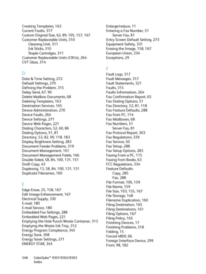 Page 348ColorQube™ 9301/9302/9303
Index 348
Creating Templates, 163
Current Faults, 317
Custom Original Size, 62, 89, 105, 157, 167
Customer Replaceable Units, 310
Cleaning Unit, 311
Ink Sticks, 310
Staple Cartridges, 311
Customer Replaceable Units (CRUs), 264
CVT Glass, 314
D
Date & Time Setting, 272
Default Settings, 270
Defining the Problem, 315
Delay Send, 67, 90
Delete Mailbox Documents, 68
Deleting Templates, 163
Destination Services, 165
Device Administration, 270
Device Faults, 264
Device Settings, 271...