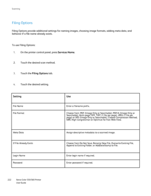 Page 222
Xerox Color 550/560 Printer
User Guide
222 Scannin
g
Filing Options
Filing Options provide additional settings for naming images, choosing i\
mage formats, adding meta data, and 
behavior if a file name already exists.
To use Filing Options:
On the printer control panel, press  Services Home.
1.
Touch the desired scan method.
2.
Touch the  Filing Options  tab.
3.
Touch the desired setting.
4.
Setting Use
File Name Enter a filename prefix.
File Format Choose from: PDF (Image Only or Searchable), PDF/A...