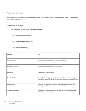 Page 220
Xerox Color 550/560 Printer
User Guide
220 Scannin
g
Advanced Settings
Advanced settings allow you to control image options, image enhancements\
, scan resolution, file size, photographs, 
and shadow suppression.
To use Advanced Settings:
On the printer control panel, press  Services Home.
1.
Touch the desired scan method.
2.
Touch the  Advanced Settings  tab.
3.
Touch the desired setting.
4.
Setting Use
Image Options Choose from Lighten/Darken, or Sharpness/Soften.
Image Enhancement Choose from Auto...