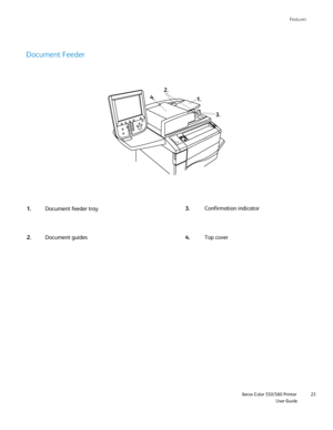 Page 23
Features
                    Xerox Color 550/560 Printer

User Guide 23
Document Feeder
Document feeder tray
Confirmation indicator
1. 3.
Document guides
2. Top cover
4.
2.
1.
3.
4.
Downloaded From ManualsPrinter.com Manuals 