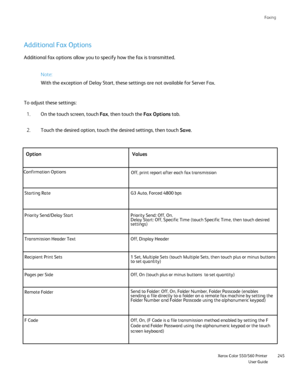 Page 245
Faxing
                    Xerox Color 550/560 PrinterUser Guide245
Additional Fax Options
Note:
With the exception of Delay Start, these settings are not available for \
Server Fax.
To adjust these settings: On the touch screen, touch  Fax, then touch the  Fax Options tab.
1.
Touch the desired option, touch the desired settings, then touch  Save.
2.
Option Values
Confirmation Options Off, print report after each fax transmission
Starting Rate G3 Auto, Forced 4800 bps
Priority Send/Delay Start Priority...
