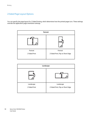 Page 98
Xerox Color 550/560 Printer
User Guide
98 Printin
g
2-Sided Page Layout Options
You can specify the page layout for 2-Sided Printing, which determines h\
ow the printed pages turn. These settings 
override the application page orientation settings.
Portrait 
Portrait
2-Sided Print Portrait
2-Sided Print, Flip on Short Edge
Landscape
Landscape
2-Sided Print Landscape
2-Sided Print, Flip on Short Edge
Downloaded From ManualsPrinter.com Manuals 