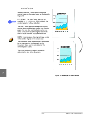 Page 114ADDED FEATURES5–18 DOCUCOLOR 12 USER GUIDE
1
2
3
4
5
6
7 Auto Centre
Selecting the Auto Centre option centres the 
original image on the output page, as illustrated in 
Figure 18.
KEY POINT:The Auto Centre option is not 
available for 12 x 18 inch or SRA3 originals that 
are being copied without reduction.
The Auto Centre option is intended for copying 
original documents that are smaller than the copy 
paper. You can also use this feature when you 
select a reduction value for original documents 
that...