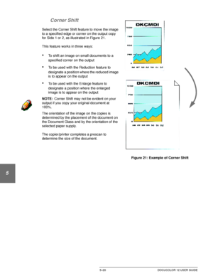 Page 116ADDED FEATURES5–20 DOCUCOLOR 12 USER GUIDE
1
2
3
4
5
6
7 Corner Shift
Select the Corner Shift feature to move the image 
to a specified edge or corner on the output copy 
for Side 1 or 2, as illustrated in Figure 21.
This feature works in three ways:
•To shift an image on small documents to a 
specified corner on the output
•To be used with the Reduction feature to 
designate a position where the reduced image 
is to appear on the output
•To be used with the Enlarge feature to 
designate a position where...