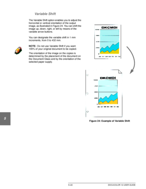 Page 118ADDED FEATURES5–22 DOCUCOLOR 12 USER GUIDE
1
2
3
4
5
6
7 Variable Shift
The Variable Shift option enables you to adjust the 
horizontal or vertical orientation of the output 
image, as illustrated in Figure 24. You can shift the 
image up, down, right, or left by means of the 
variable arrow buttons.
You can designate the variable shift in 1 mm 
increments, from 0 to 432 mm.
NOTE:Do not use Variable Shift if you want 
100% of your original document to be copied.
The orientation of the image on the copies...