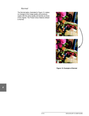 Page 138IMAGE QUALITY6–10 DOCUCOLOR 12 USER GUIDE
1
2
3
4
5
6
7 Normal
The Normal option, illustrated in Figure 13, makes 
no changes to the image quality and produces 
copies with the same quality and density as those 
of the original. The Preset Colour Balance default 
is Normal.
Figure 13: Example of Normal 
Downloaded From ManualsPrinter.com Manuals 