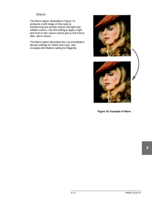 Page 141DOCUCOLOR 12 USER GUIDE6–13 IMAGE QUALITY
1
2
3
4
5
6
7 Warm
The Warm option, illustrated in Figure 16, 
produces a soft image on the copy by 
transforming low density colours into light and 
reddish colours. Use this setting to apply a light 
pink tone to skin colours and to give a soft tone to 
dark, warm colours.
The Warm option decreases the Low and Medium 
density settings for Yellow and Cyan, and 
increases the Medium setting for Magenta.
Figure 16: Example of Warm 
Downloaded From...