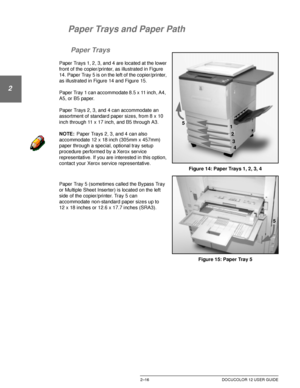 Page 48GETTING TO KNOW YOUR DOCUCOLOR 122–16 DOCUCOLOR 12 USER GUIDE
1
2
3
4
5
6
7
Paper Trays and Paper Path
Paper Trays
Paper Trays 1, 2, 3, and 4 are located at the lower 
front of the copier/printer, as illustrated in Figure 
14. Paper Tray 5 is on the left of the copier/printer, 
as illustrated in Figure 14 and Figure 15.
Paper Tray 1 can accommodate 8.5 x 11 inch, A4,  
A5, or B5 paper. 
Paper Trays 2, 3, and 4 can accommodate an 
assortment of standard paper sizes, from 8 x 10 
inch through 11 x 17 inch,...