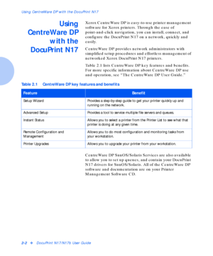 Page 18Using CentreWare DP with the DocuPrint N17
2-2vDocuPrint N17/N17b User Guide
Using
CentreWare DP
with the
DocuPrint N17Xerox CentreWare DP is easy-to-use printer management 
software for Xerox printers. Through the ease of 
point-and-click navigation, you can install, connect, and 
configure the DocuPrint N17 on a network, quickly and 
easily.
CentreWare DP provides network administrators with 
simplified setup procedures and effortless management of 
networked Xerox DocuPrint N17 printers.
Table 2.1...