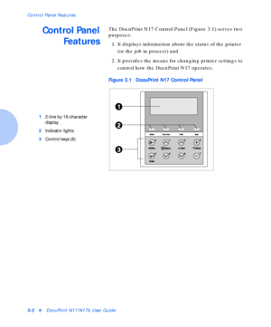 Page 26Control Panel Features
3-2vDocuPrint N17/N17b User Guide
Control Panel
FeaturesThe DocuPrint N17 Control Panel (Figure 3.1) serves two 
purposes:
1. It displays information about the status of the printer 
(or the job in process) and 
2. It provides the means for changing printer settings to 
control how the DocuPrint N17 operates.
Figure 3.1 DocuPrint N17 Control Panel
1
2-line by 16-character 
display
2
Indicator lights
3
Control keys (8)
Downloaded From ManualsPrinter.com Manuals 