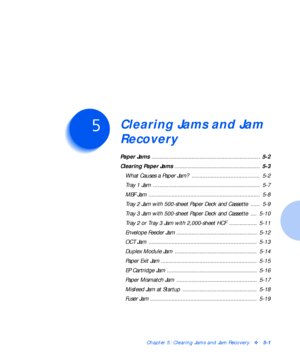 Page 57Chapter 5: Clearing Jams and Jam Recoveryv5-1
Clearing Jams and Jam 
Recovery
C h a p t e r 5
Paper Jams ......................................................................  5-2
Clearing Paper Jams .......................................................  5-3
What Causes a Paper Jam?  ............................................  5-2
Tray 1 Jam  .....................................................................  5-7
MBF Jam  ...........................................................................