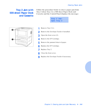 Page 65Clearing Paper Jams
Chapter 5: Clearing Jams and Jam Recoveryv5-9
Tray 2 Jam with
500-sheet Paper Deck
and CassetteFollow the procedure below to clear a paper jam from 
Tray 2 when Tray 2 is a 500-sheet Paper Deck and 
Cassette and the Control Panel displays the message:
Tray 2 Jam-
Open Tray 2
1Remove Tray 2 (1).
2Remove the Envelope Feeder if installed.
3Open the front cover (2).
4Remove the EP Cartridge.
5Remove the jammed sheet of paper.
6Replace the EP Cartridge.
7Replace Tray 2.
8Close the front...