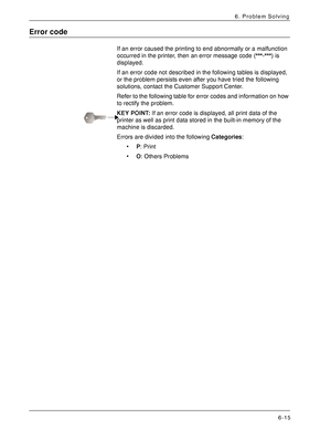 Page 101Xerox 4590 EPS/4110 EPS User Guide
6-15
6. Problem Solving
Error code
If an error caused the printing to end abnormally or a malfunction 
occurred in the printer, then an error message code (***-***) is 
displayed.
If an error code not described in the following tables is displayed, 
or the problem persists even after you have tried the following 
solutions, contact the Customer Support Center. 
Refer to the following table for error codes and information on how 
to rectify the problem.
KEY POINT:If an...