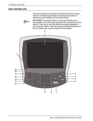 Page 16Xerox 4590 EPS/4110 EPS User Guide
1-10
1. Product overview
User Interface (UI)
The User Interface (UI) consists of the Control Panel and Touch 
Screen. The following describes the names and functions of 
components and indicators on the Control Panel.
KEY POINT:The screens shown on the User Interface are a 
representation only of the type of screens that may be seen on the 
system. They may or may not reflect the screens displayed on 
your particular system. Also the functions and features shown on 
the...