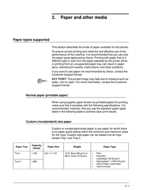 Page 21Xerox 4590 EPS/4110 EPS User Guide
2- 1
2. Paper and other media
Paper types supported
This section describes the kinds of paper available for this device.
To ensure correct printing and make full and effective use of the 
performance of the machine, it is recommended that you use only 
the paper types approved by Xerox. Printing with paper that is a 
different type or size from the paper selected by the printer driver, 
or printing from an unsupported paper tray, can result in paper 
jams, reduced print...