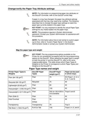 Page 41Xerox 4590 EPS/4110 EPS User Guide
2-21
2. Paper and other media
Change/verify the Paper Tray Attribute settings
NOTE:For information on programming paper tray attributes on 
the DocuSP Controller, refer to the DocuSP online Help.
If paper in a tray has changed, the paper tray attribute settings 
associated with that tray may need to be modified. The following 
describes how to change the paper type settings to match the 
paper type currently loaded in the paper trays.
KEY POINT:It is very important to...