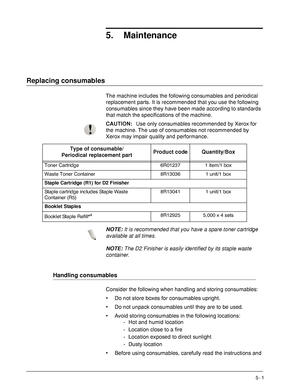 Page 73Xerox 4590 EPS/4110 EPS User Guide
5- 1
5. Maintenance
Replacing consumables
The machine includes the following consumables and periodical 
replacement parts. It is recommended that you use the following 
consumables since they have been made according to standards 
that match the specifications of the machine.
CAUTION:Use only consumables recommended by Xerox for 
the machine. The use of consumables not recommended by 
Xerox may impair quality and performance. 
NOTE:It is recommended that you have a...