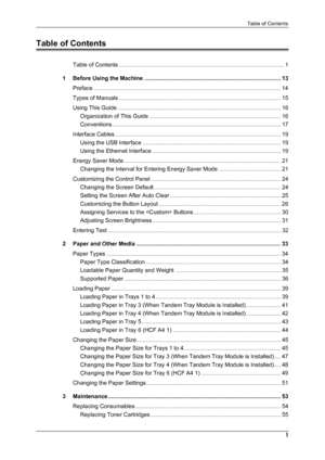 Page 3Table of Contents
1
Table of Contents
Table of Contents ........................................................................................................ 1
1 Before Using the Machine ...................................................................................... 13 Preface ...................................................................................................................... 14
Types of Manuals...