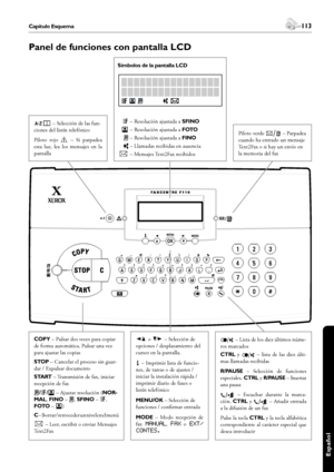 Page 113112Capítulo Esquema 113Capítulo Esquema
Español
Panel de funciones con pantalla LCD
} – Selección de las fun-
ciones del listín telefónico
Piloto  rojo v  –  Si  parpadea 
esta  luz,  lea  los  mensajes  en  la 
pantalla
[ o ] – Selección de 
opciones / desplazamiento del 
cursor en la pantalla.
¨ – Imprimir lista de funcio-
nes, de tareas o de ajustes / 
iniciar la instalación rápida / 
imprimir diario de faxes o 
listín telefónico
MENU/OK – Selección de 
funciones / confirmar entrada
MODE  –  Modo...