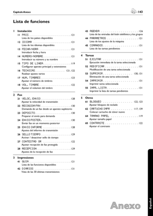 Page 143142Capítulo Anexo
Anexo
 143Capítulo Anexo
Español
Lista de funciones
1 Instalación
 11 Pais .  .  .  .  .  .  .  .  .  .  .  .  .  .  .  .  .  .  .  .  . 121
   Lista de los países disponibles
 12 idioma .  .  .  .  .  .  .  .  .  .  .  .  .  .  .  .  .  .  . 121
   Lista de los idiomas disponibles
 13 fecha/hora .  .  .  .  .  .  .  .  .  .  .  .  .  .  .  . 121
   Introducir fecha y hora
 14 Numero/Nombre .  .  .  .  .  .  .  .  .  .  .  .  .  . 121
   Introducir su número y su nombre
 15 tipo de...