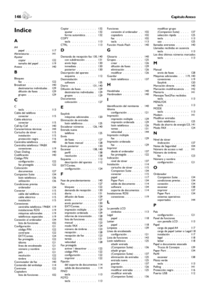 Page 146146Capítulo Anexo
Anexo
 147Capítulo Anexo
Español
Indice
A
A4papel .  .  .  .  .  .  .  .  .  .  . 117Abreviaturas .  .  .  .  .  .  .  .  . 141Ajustarcopiar .  .  .  .  .  .  .  .  .  . 132tamaño del papel .  .  .  .  . 119Anexo .  .  .  .  .  .  .  .  .  .  .  . 140
B
Bloqueofax .  .  .  .  .  .  .  .  .  .  .  . 122Broadcast .  .  .  .  .  .  .  .  .  . 140destinatarios individuales . 129difusión de faxes .  .  .  .  . 129grupos .  .  .  .  .  .  .  .  .  . 129
C
Ctecla .  .  .  .  .  .  .  .  .  ....