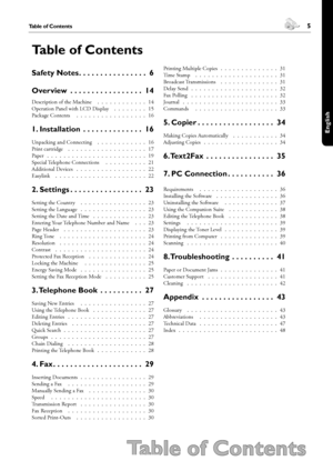 Page 54
Table of Contents
 5
English
Table of Contents
Safety Notes. . . . . . . . . . . . . . . . 6
Overview. . . . . . . . . . . . . . . . . 14
Description of the Machine  .  .  .  .  .  .  .  .  .  .  .  .14
Operation Panel with LCD Display  .  .  .  .  .  .  .  .15
Package Contents  .  .  .  .  .  .  .  .  .  .  .  .  .  .  .  .  .16
1. Installation. . . . . . . . . . . . . . 16
Unpacking and Connecting  .  .  .  .  .  .  .  .  .  .  .  .16
Print cartridge  .  .  .  .  .  .  .  .  .  .  .  .  .  .  .  .  ....