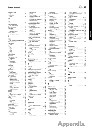 Page 4948Chapter Appendix
Appendix
 49Chapter Appendix
English
Number of ringsset .  .  .  .  .  .  .  .  .  .  .  .   25Number padlock .  .  .  .  .  .  .  .  .  .  .   25
O
OKkey .  .  .  .  .  .  .  .  .  .  .  .   15
Operational Safety
 see Safety NotesOperation panel .  .  .  .  .  .  .   15
Overview
machine .  .  .  .  .  .  .  .  .   14operation panel .  .  .  .  .   15
Ozone Safety
 see Safety Notes
P
PABX see Private branch exchangePackage contents .  .  .  .  .  .   16Page header .  .  .  .  .  .  ....