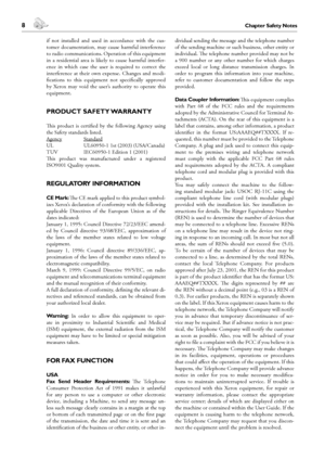 Page 88Chapter Safety Notes
Safety Notes
 9Chapter Safety Notes
English
if  not  installed  and  used  in  accordance  with  the  cus-
tomer documentation, may cause harmful interference 
to radio communications. Operation of this equipment 
in  a  residential  area  is  likely  to  cause  harmful  interfer-
ence  in  which  case  the  user  is  required  to  correct  the 
interference  at  their  own  expense.  Changes  and  modi-
fications  to  this  equipment  not  specifically  approved 
by  Xerox  may...