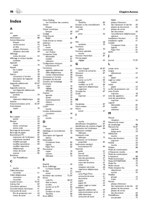 Page 9898Chapitre Annexe
Annexe
 99Chapitre Annexe
Français
Index
A
A4papier .  .  .  .  .  .  .  .  .  .  . 63Abréviations .  .  .  .  .  .  .  .  .  . 88Activer/désactiverbloquer .  .  .  .  .  .  .  .  .  .  . 69cachet horaire .  .  .  .  .  .  . 75en-tête .  .  .  .  .  .  .  .  .  .  . 67rapport d’émission .  .  .  .  . 74réception sécurisée .  .  .  . 68Affichageniveau de toner .  .  .  .  .  . 63Affichage à cristaux liquidessymboles .  .  .  .  .  .  .  .  .  . 59Agrandircopier .  .  .  .  .  .  .  .  ....