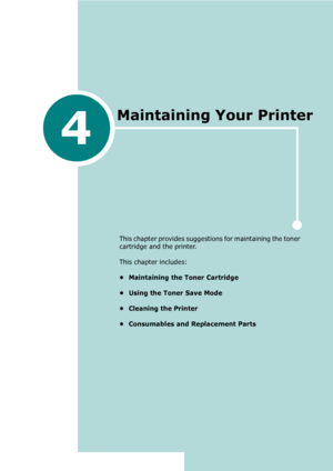 Page 434
This chapter provides suggestions for maintaining the toner 
cartridge and the printer. 
This chapter includes:
• Maintaining the Toner Cartridge
• Using the Toner Save Mode
• Cleaning the Printer
• Consumables and Replacement Parts
Maintaining Your Printer 
Downloaded From ManualsPrinter.com Manuals 