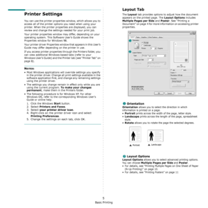 Page 87Basic Printing
5
Printer Settings
You can use the printer properties window, which allows you to 
access all of the printer options you need when using your 
printer. When the printer properties are displayed, you can 
review and change the settings needed for your print job. 
Your printer properties window may differ, depending on your 
operating system. This Software User’s Guide shows the 
Properties window for Windows 98.
Your printer driver Properties window that appears in this User’s 
Guide may...
