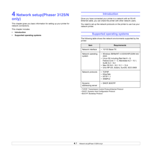 Page 174.1   
4 Network setup(Phaser 3125/N 
only)
This chapter gives you basic information for setting up your printer for 
network connections.
This chapter includes:
• Introduction
• Supported operating systems
Introduction
Once you have connected your printer to a network with an RJ-45 
Ethernet cable, you can share the printer with other network users.
You need to set up the network protocols on the printer to use it as your 
network printer.
Supported operating systems
The following table shows the...