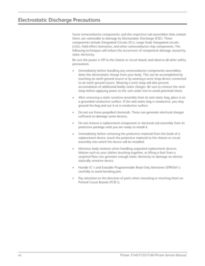 Page 14xiiPhaser 3140/3155/3160 Printer Service Manual
Electrostatic Discharge Precautions
Some semiconductor components, and the respective sub-assemblies that contain 
them, are vulnerable to damage by Electrostatic Discharge (ESD). These 
components include Integrated Circuits (ICs), Large-Scale Integrated circuits 
(LSIs), field-effect transistors, and other semiconductor chip components. The 
following techniques will reduce the occurrence of component damage caused by 
static electricity.
Be sure the...
