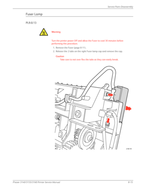 Page 165Phaser 3140/3155/3160 Printer Service Manual8-15
Service Parts Disassembly
Fuser Lamp
PL9.0.13
Wa rn i n g
Turn the printer power Off and allow the Fuser to cool 30 minutes before 
performing this procedure.
1. Remove the Fuser (page 8-11).
2. Release the 2 tabs on the right Fuser lamp cap and remove the cap.
Caution
Take care to not over flex the tabs as they can easily break.
s3160-105
Downloaded From ManualsPrinter.com Manuals 