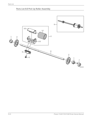 Page 2389-24Phaser 3140/3155/3160 Printer Service Manual
Parts List
Parts List 8.0 Pick Up Roller Assembly
3-3
3-2
3-1
3
12
64
5 21
7
0
s3160-004
Downloaded From ManualsPrinter.com Manuals 