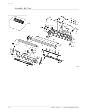 Page 2409-26Phaser 3140/3155/3160 Printer Service Manual
Parts List
Parts List 9.0 Fuser
0
2320
14
19
24
25
12
4
116
31
40
3
107
45
5
44 43
4
41
413
35
28
36
27
17
33
18
32
15
34
22
21
16
37
26
29
39
303
3
38
8
9
42
s3160-005
Downloaded From ManualsPrinter.com Manuals 