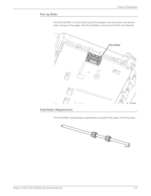 Page 45Phaser 3140/3155/3160 Printer Service Manual2-5
Theory of Operation
Pick Up Roller
The Pick Up Roller is used to pick up and feed paper into the printer and remove 
static charge on the paper. The Pick Up Roller is driven by the Pick Up Solenoid.
Feed Roller (Registration)
The Feed Roller controls paper registration and guides the paper into the printer.
s3160-090
Pick Up Roller
s3160-089
Downloaded From ManualsPrinter.com Manuals 