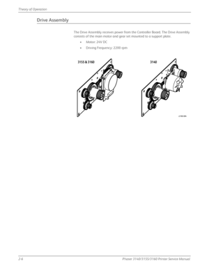 Page 462-6Phaser 3140/3155/3160 Printer Service Manual
Theory of Operation
Drive Assembly
The Drive Assembly receives power from the Controller Board. The Drive Assembly 
consists of the main motor and ge
ar set mounted to a support plate.
• Motor: 24V DC
• Driving Frequency: 2200 rpm
s3160-084
3155 & 3160 3140
Downloaded From ManualsPrinter.com Manuals 