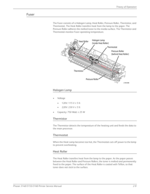 Page 49Phaser 3140/3155/3160 Printer Service Manual2-9
Theory of Operation
Fuser
The Fuser consists of a Halogen Lamp, Heat Roller, Pressure Roller, Thermistor, and 
Thermostat. The Heat Roller transfers he
at from the lamp to the paper. The 
Pressure Roller adheres the melted toner to the media surface. The Thermistor and 
Thermostat monitor Fuser operating temperature.
Halogen Lamp
•Voltage
• 120V: 115 V ± 5%
• 220V: 230 V ± 5%
• Capacity: 750 Watt ± 25 W
Thermistor
The Thermistor detects the temperature of...