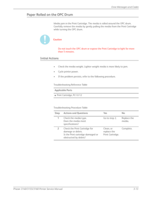 Page 73Phaser 3140/3155/3160 Printer Service Manual3-13
Error Messages and Codes
Paper Rolled on the OPC Drum
Media jam in the Print Cartridge. The media is rolled around the OPC drum. 
Carefully remove the media by gently pulling the media from the Print Cartridge 
while turning the OPC drum.
Caution
Do not touch the OPC drum or expose the Print Cartridge to light for more 
than 5 minutes.
Initial Actions
• Check the media weight. Lighter weight media is more likely to jam.
• Cycle printer power.
• If the...