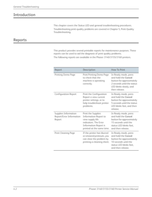 Page 884-2Phaser 3140/3155/3160 Printer Service Manual
General Troubleshooting
Introduction
This chapter covers the Status LED and general troubleshooting procedures.
Troubleshooting print-quality problems ar
e covered in Chapter 5, Print-Quality 
Troubleshooting.
Reports
This product provides several printable  reports for maintenance purposes. These 
reports can be used to aid the diagnosis of print quality problems.
The following reports are available in the Phaser 3140/3155/3160 printers....