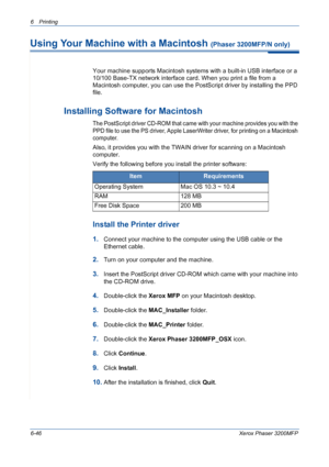 Page 1266Printing 
6-46Xerox Phaser 3200MFP
Using Your Machine with a Macintosh (Phaser 3200MFP/N only)
Your machine supports Macintosh systems with a built-in USB interface or a 
10/100 Base-TX network interface card. When you print a file from a 
Macintosh computer, you can use the PostScript driver by installing the PPD 
file.
 Installing Software for Macintosh
The PostScript driver CD-ROM that came with your machine provides you with the 
PPD file to use the PS driver, Apple LaserWriter driver, for printing...